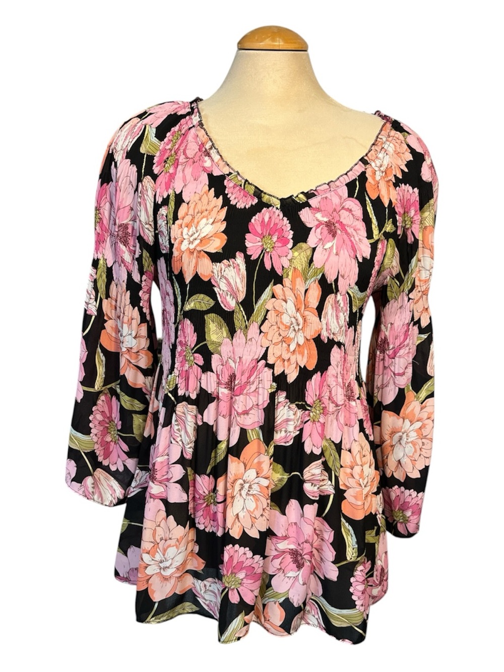 FLORAL & IVY V-Neck Peplum Blouse Bright Floral Size L Roomy Stretchy Boho